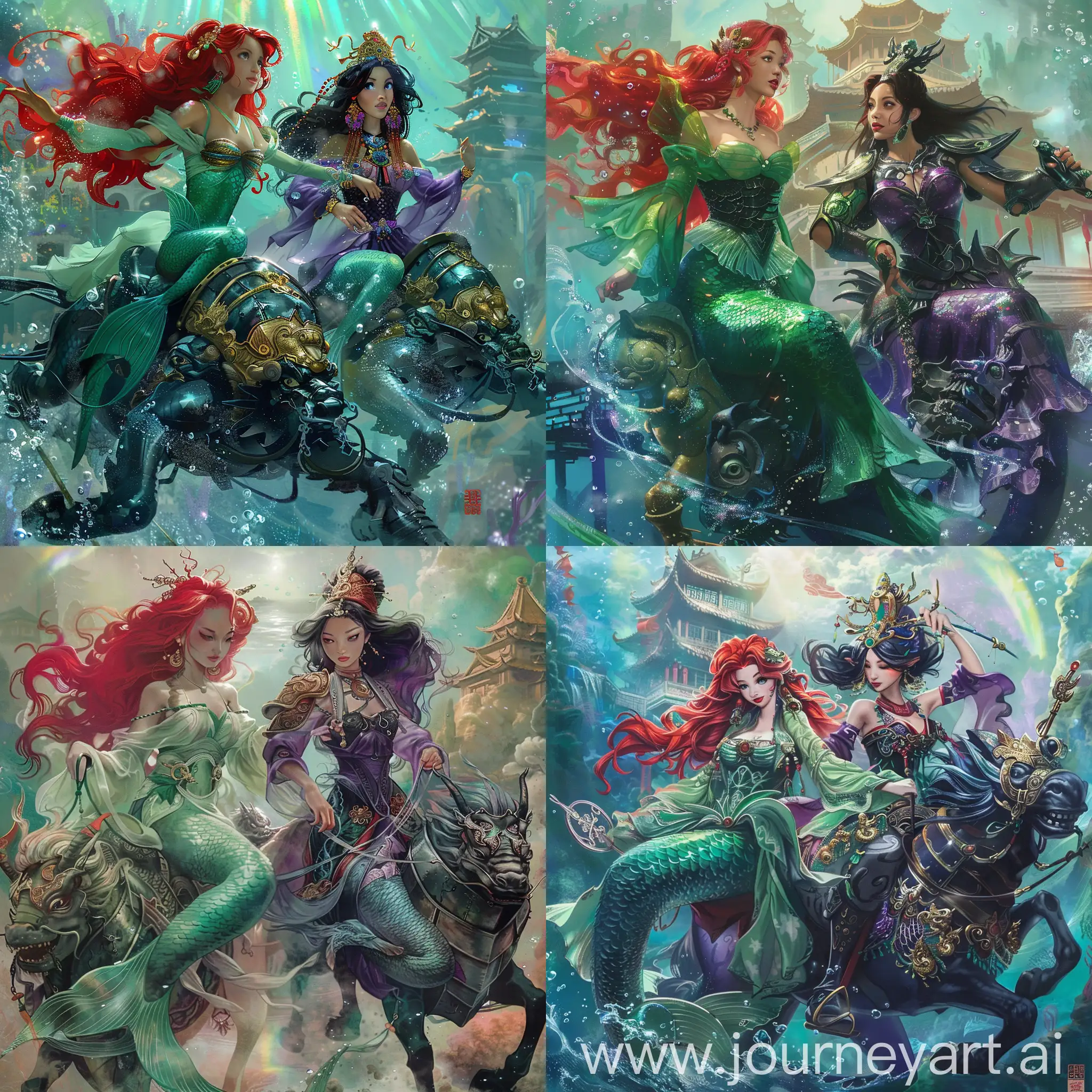 Disney painting mode:

two Disney beautiful and elegant female characters from the Little mermaid cartoon:

red hair Danish Ariel wears deep green and light green color Chinese Ming Dynasty Goddess Hanfu robe.

black hair seductive Danish Vanessa wears deep purple and rose color Chinese Ming Dynasty Goddess Hanfu robe.

Both of them are riding on their own armored azure dragon-horses, ready to fight,

Chinese underwater rainbows color shining  Dragon treasury palace as background.