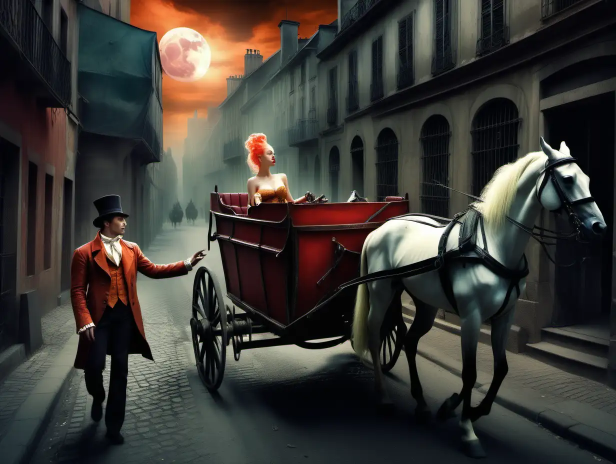 Surreal atmosphere, supernatural. Photo-realistic, vibrant colors. The recurring nightmare of Marquis de Sade convincing a young and naive female to get into his horse drawn cab. 