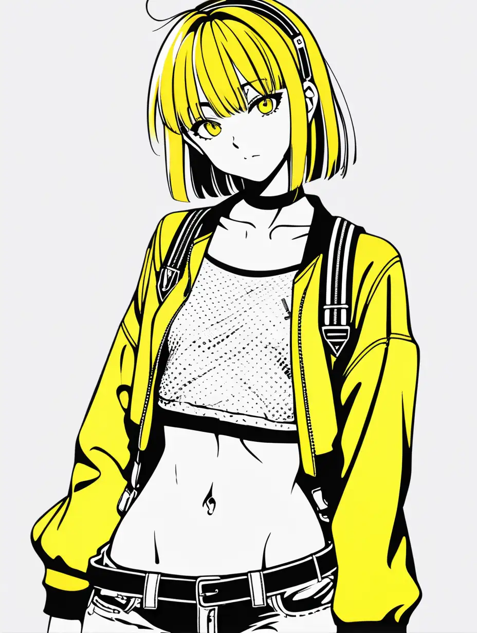 anime girl in jacket posterize halftone yellow black white 3 color minimal design short shirt midriff suspenders jacket 