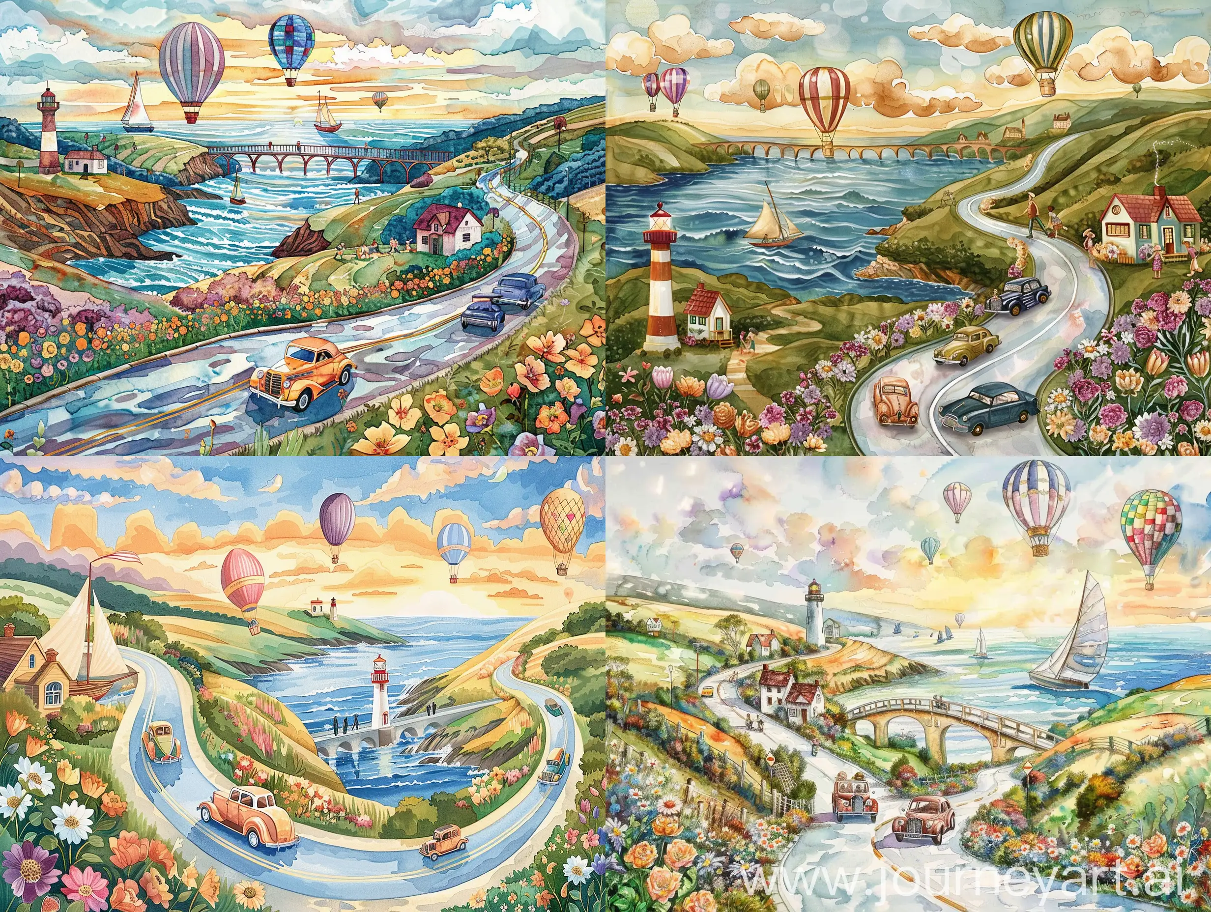 illustration of a long winding road, along the sea side to a bridge over sea, 1 old sail boat, lighthouse, cottage, flowers along the road side, hills, 3 classic vintage cars drivern by people, spread out along the road, hot air balloons, sunrise fluffy clouds, textured painterly fantasy artistic, alcohol ink mix with watercolor style, aesthetic, best ever, wonderful, vibrant light pastel and transparent color