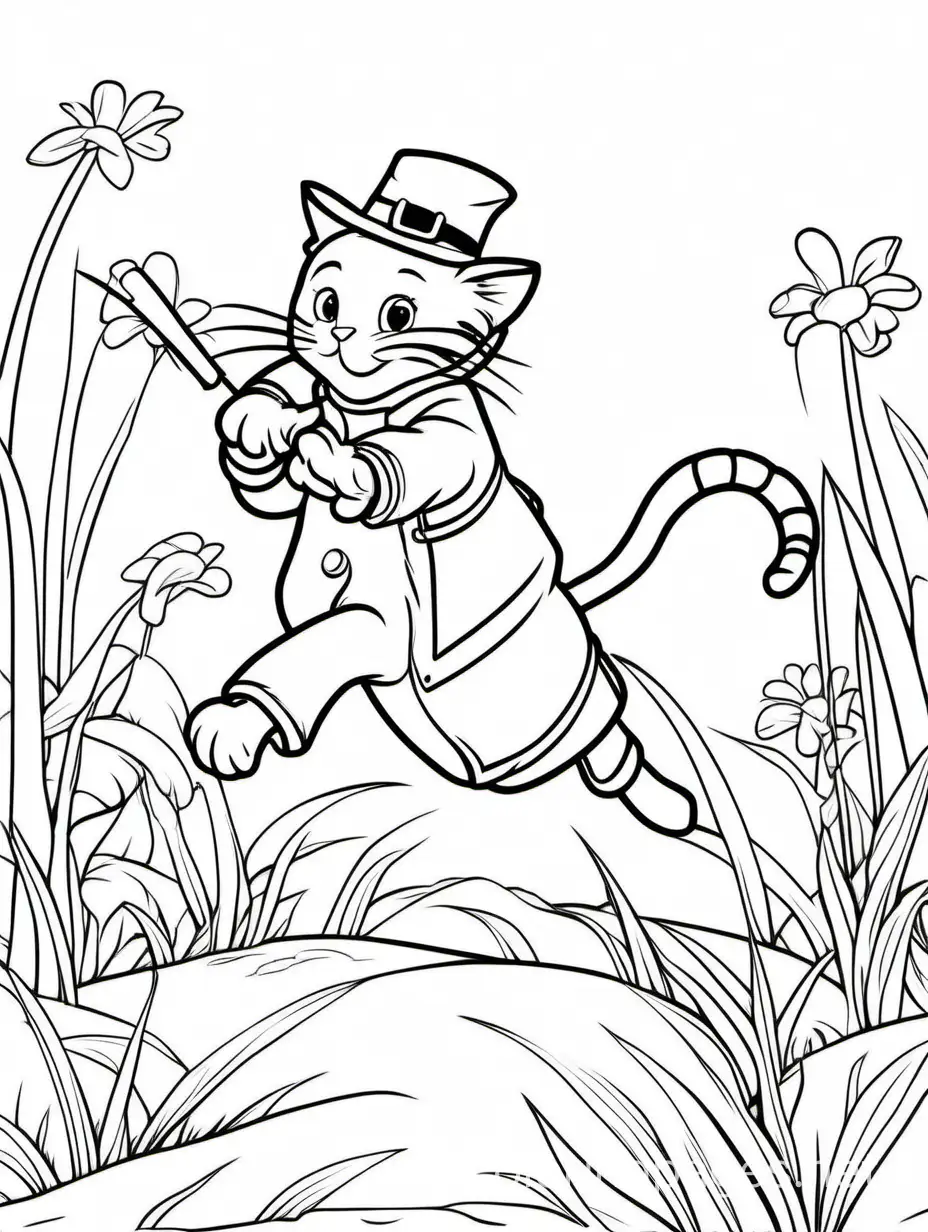 cat in boots and hat chasing a mouse, Coloring Page, black and white, line art, white background, Simplicity, Ample White Space. The background of the coloring page is plain white to make it easy for young children to color within the lines. The outlines of all the subjects are easy to distinguish, making it simple for kids to color without too much difficulty