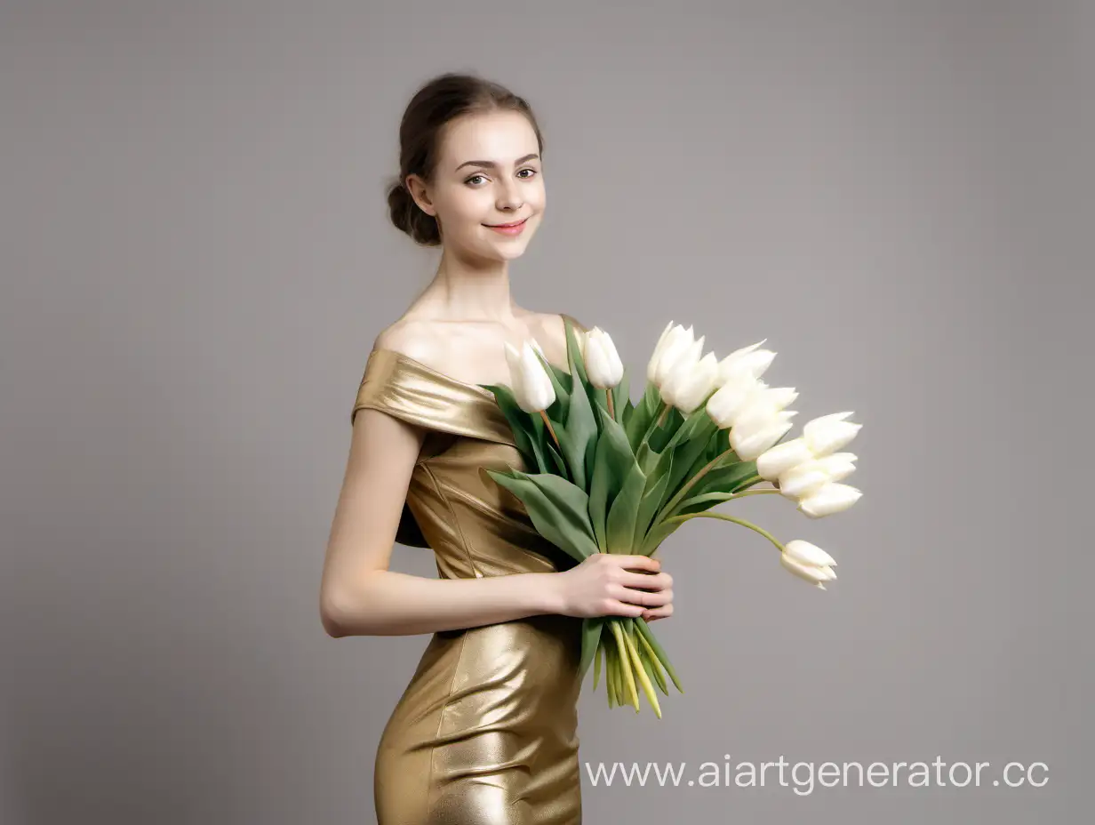 Elegant-Woman-in-a-Golden-Dress-Holding-White-Tulips