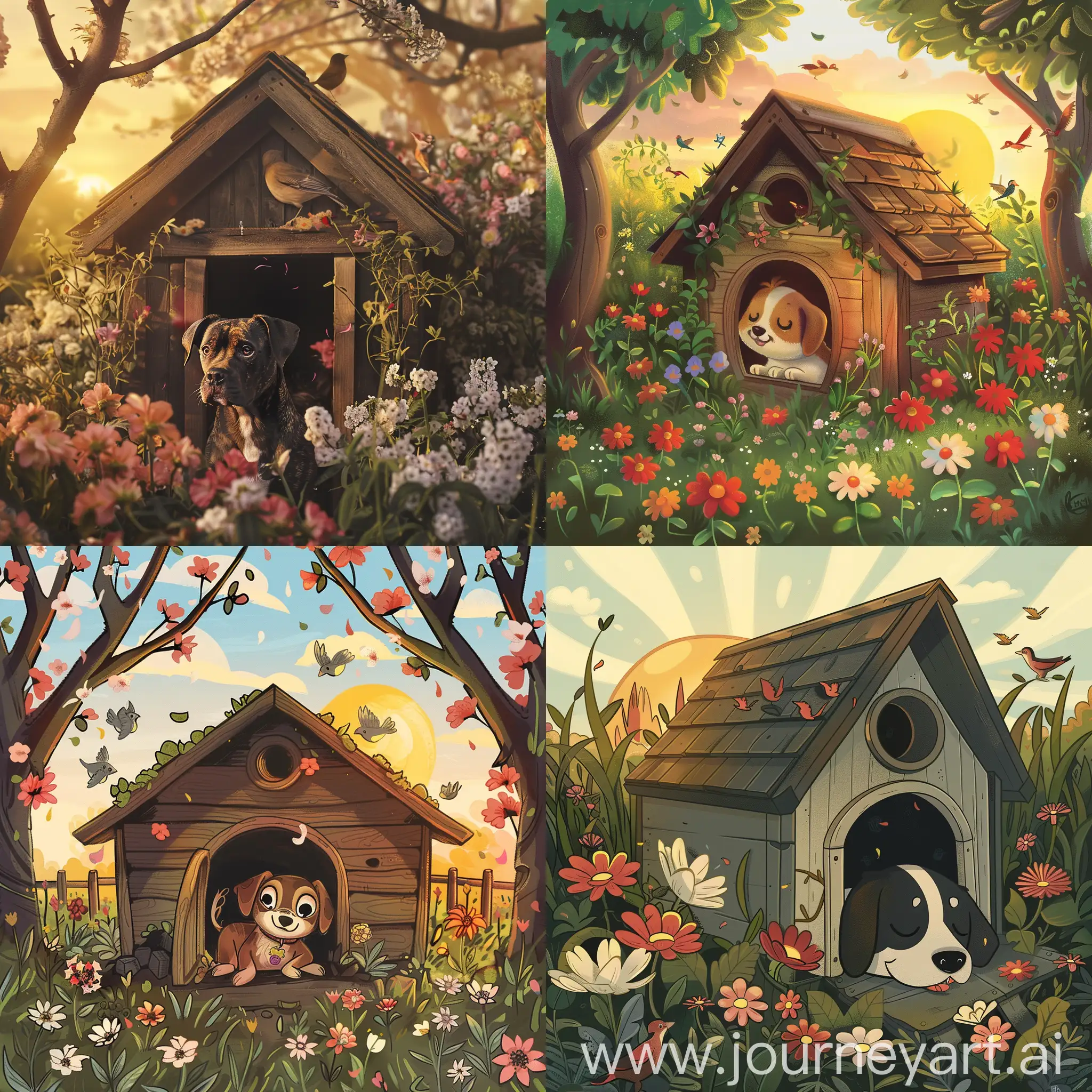 Imagine Sparky waking up in his cozy doghouse, surrounded by blooming flowers and chirping birds, with the sun rising in the background.