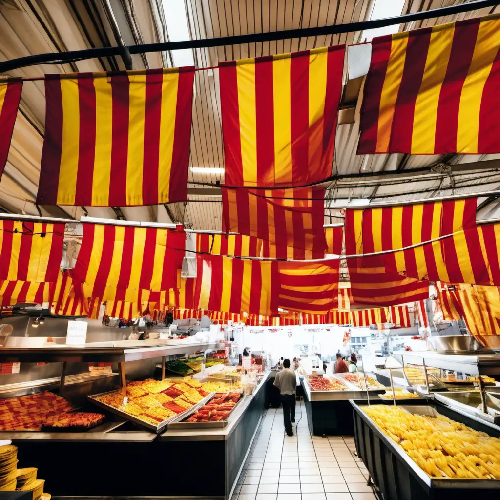 red and yellow striped flags hanging from the roof of an indoor food market