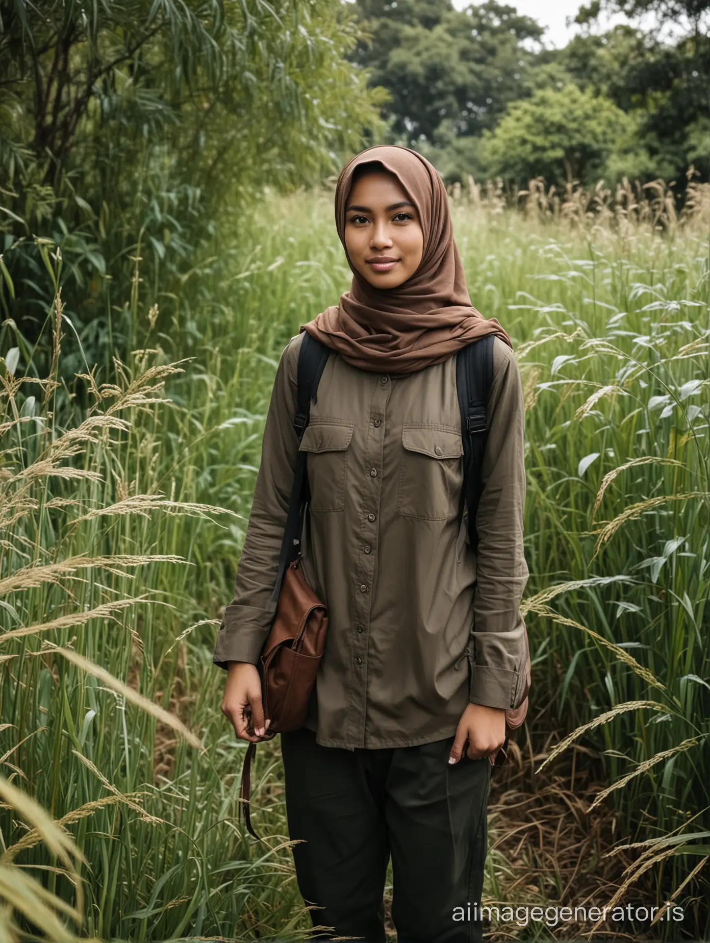 A 30 year old Indonesian woman stands in the middle of tall grass, surrounded by lush trees, wearing a hijab, dark colored jacket and trousers, carrying a brown backpack, looking at the camera