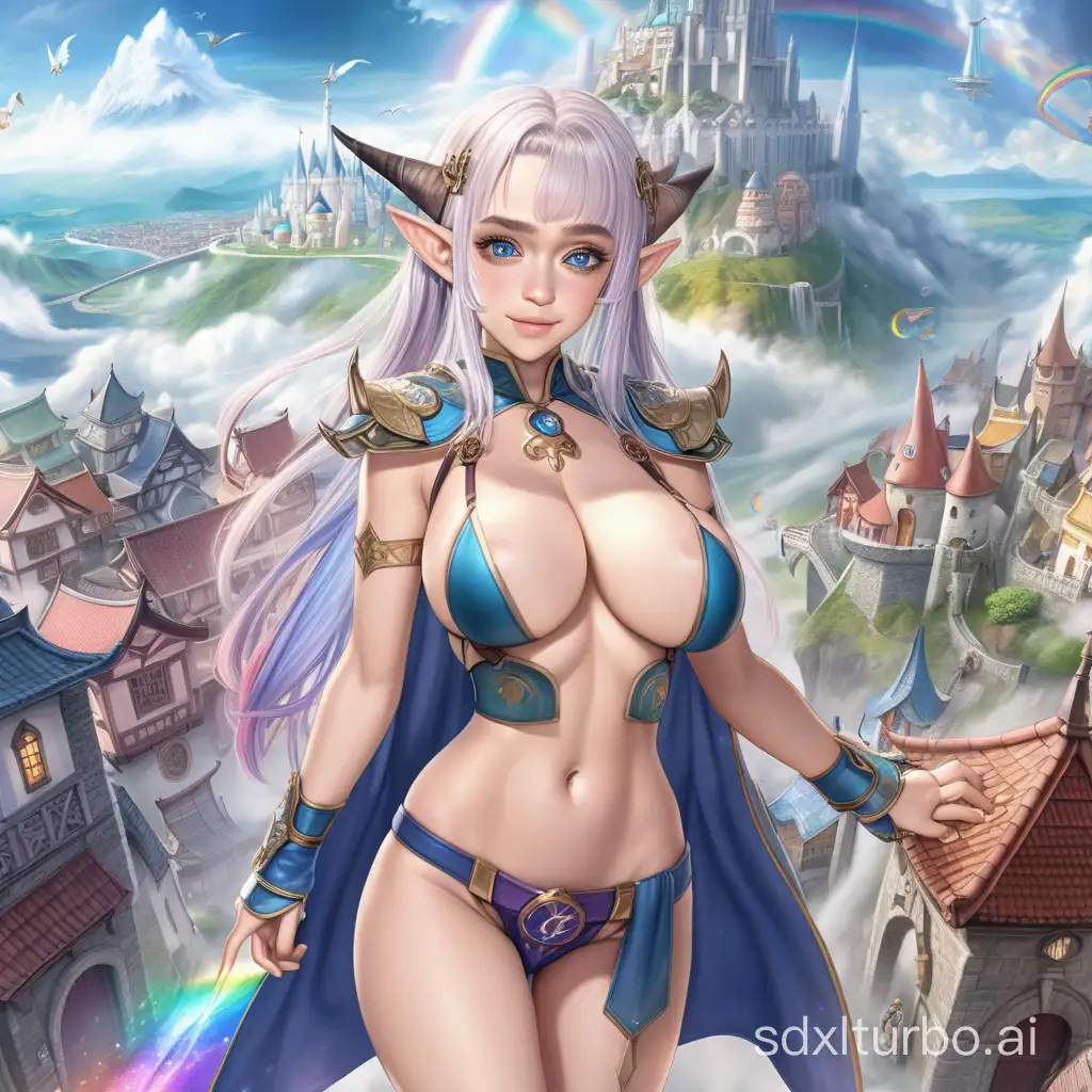 Busty gyaru dark elf mage Emilia Clarke,pantsu shot,underboob,isekai like,V,🫶,stands at the entrance to a huge fantasy city located in the clouds,the city is surrounded by a magical barrier,colorful houses,many clouds around,a rainbow,wyverns and dragons flying,style raw,realistic photograph,cell-shading.