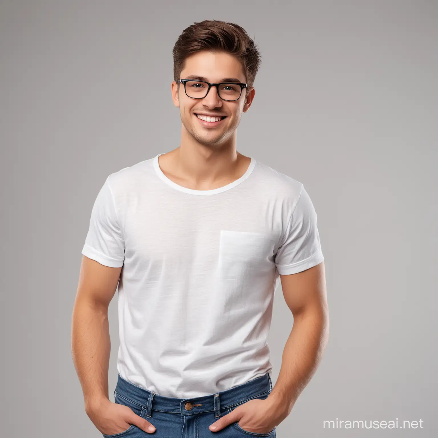 A standing photorealistic attractive smiling man 20 years old in jeans and a smooth white T-shirt without pockets and strapless, with glasses on his nose, a front view of half body perpendicular to the lens in a photographic studio isolated on a white background.