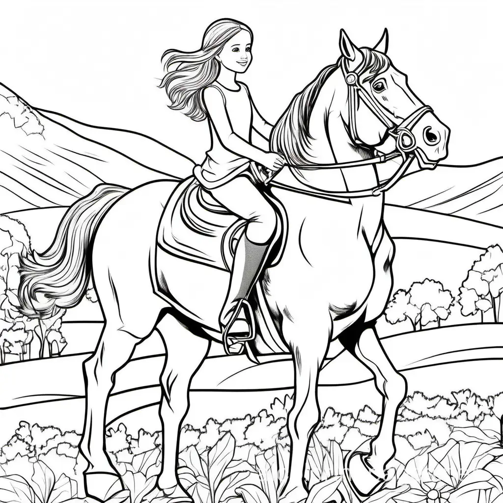 A girl on a horse, Coloring Page, black and white, line art, white background, Simplicity, Ample White Space. The background of the coloring page is plain white to make it easy for young children to color within the lines. The outlines of all the subjects are easy to distinguish, making it simple for kids to color without too much difficulty