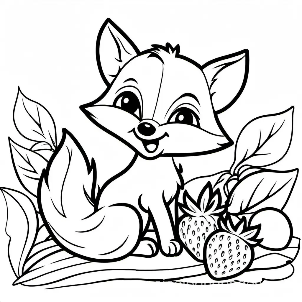 a cute fox eats strawberry, Coloring Page, black and white, line art, white background, Simplicity, Ample White Space. The background of the coloring page is plain white to make it easy for young children to color within the lines. The outlines of all the subjects are easy to distinguish, making it simple for kids to color without too much difficulty