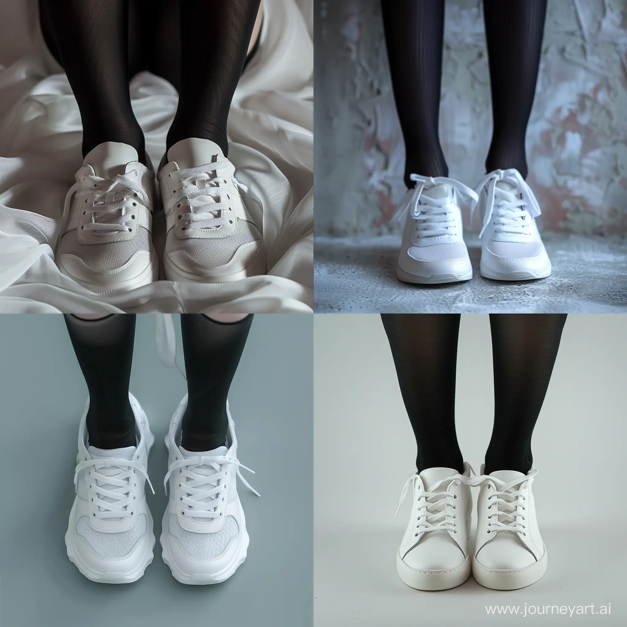 Stylish white sneakers for a teenage girl combined with black tights, advertising photo, high detail, 4K