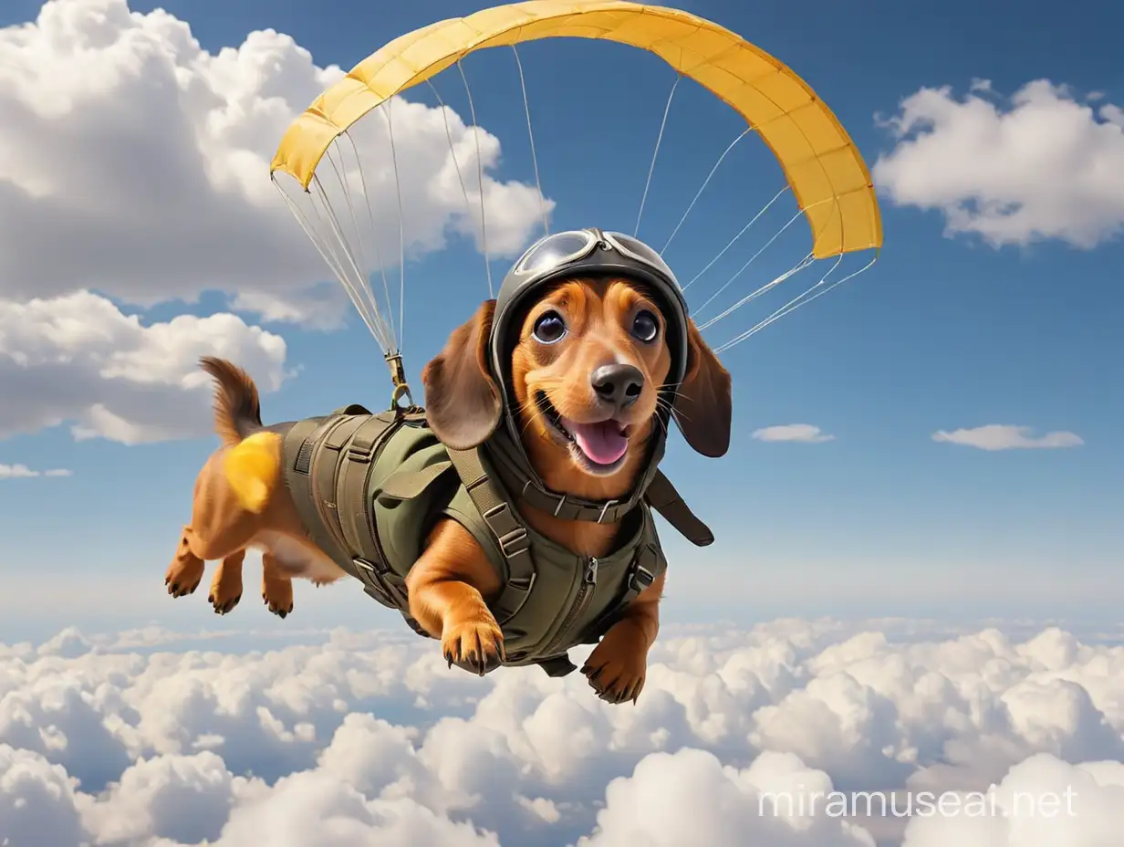 Adorable Dachshund Soaring in Parachute Helmet Above White Clouds