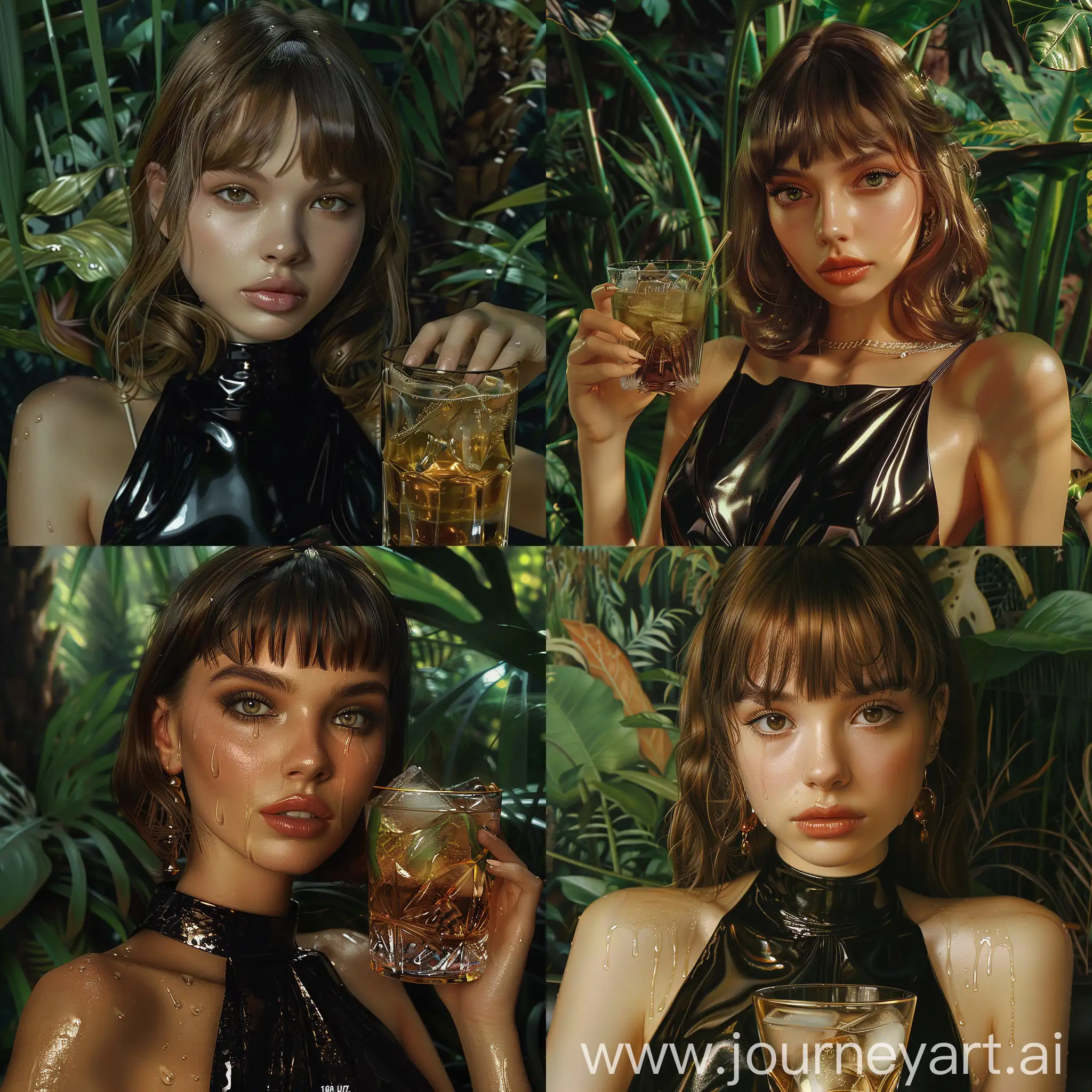 young woman, roman nose, hazel  eyes with double lids, light brown hair with bangs, shiny black dress, very soft makeup, jungle background, glass of iced tea, extremely sharp focus, 16K UHD, cover art, photo realistic