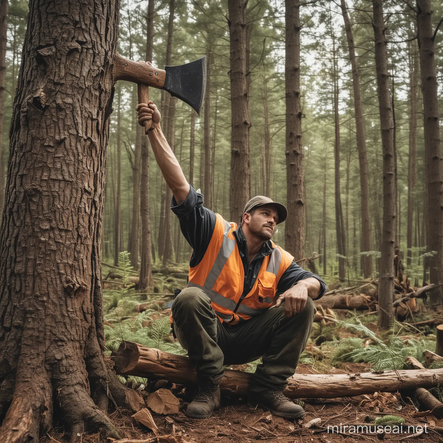 Generate the photo of a forest worker with two hands above shoulder level holding an axe  to fell a tree , and seated with a straight back.
