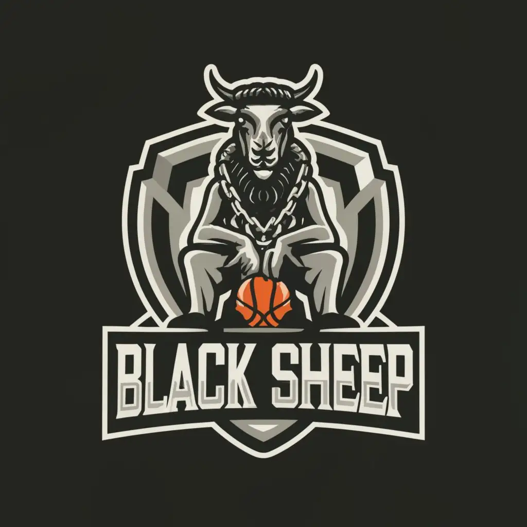 a logo design,with the text "BLACK SHEEP", main symbol:Angry Black white and gray Sheep with a chain around his neck, sitting in a chair with a basketball,complex,be used in Sports Fitness industry,clear background