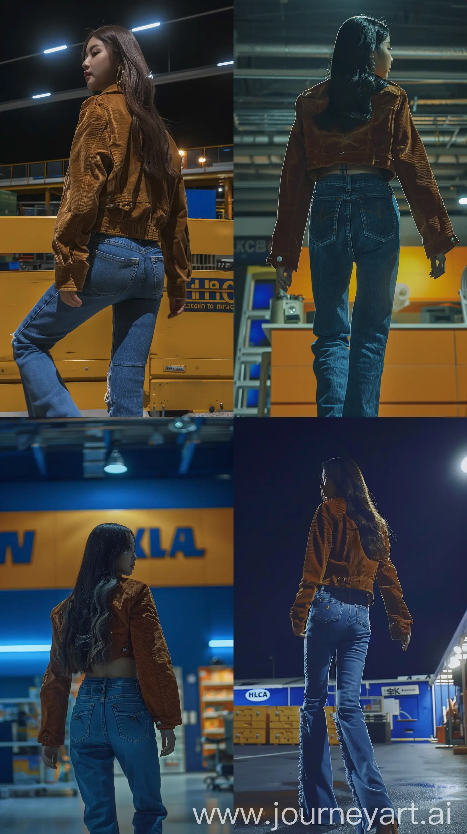 aesthetic selfie, Blackpink's Jennie walking on Ikea, wearing jeans pants and corduroy jacket, night time, back body, long shot --ar 9:16 --v 6 --ar 1:1 --no 13347
