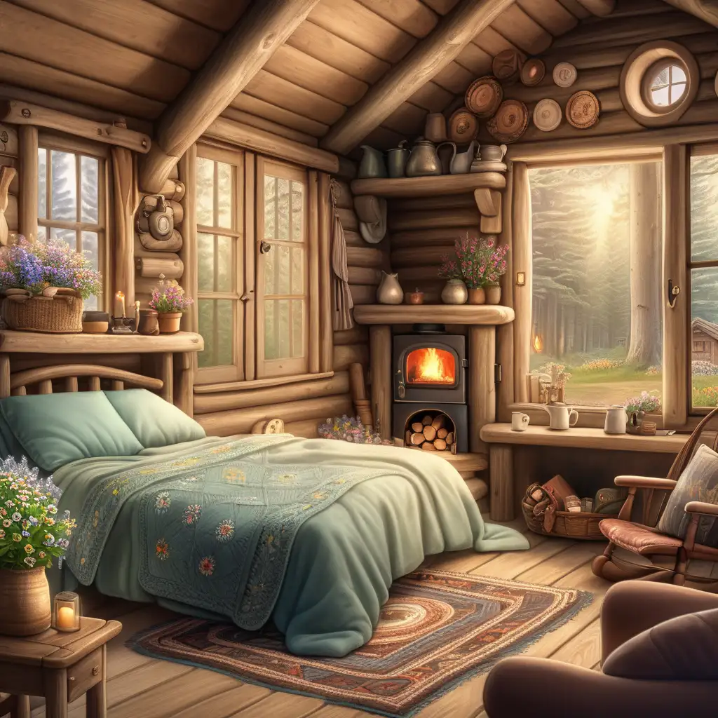 Cozy Wooden Cabin Interior with Floral Accents and Fireplace Ambiance