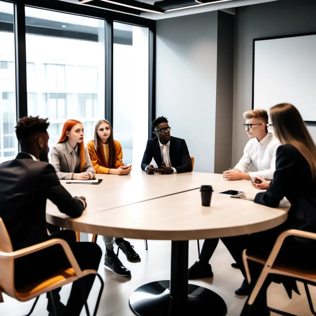 a business meeting in a meeting room around a table. the participants are Generation Z.