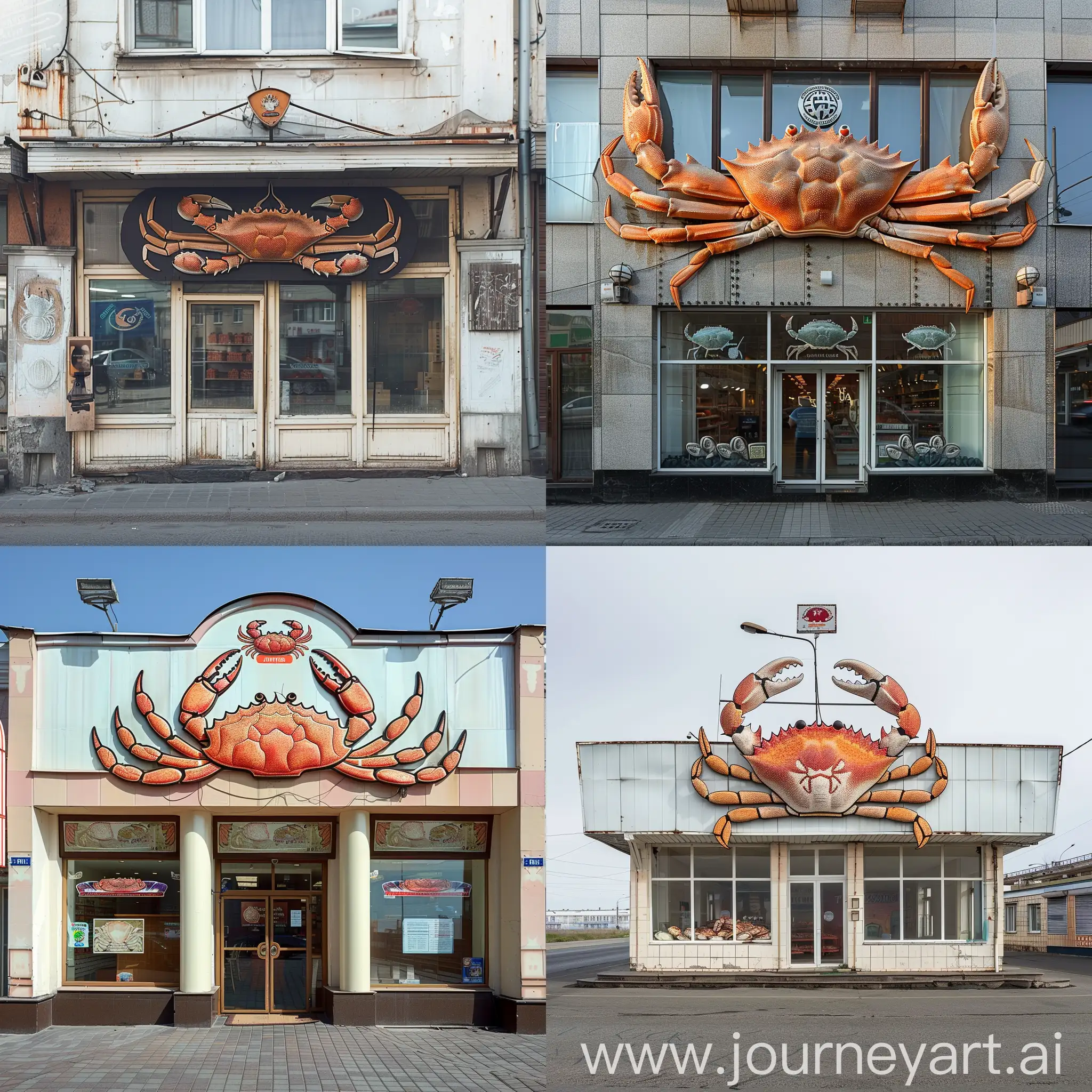 facade of a crab store, general plan, sign with a logo on top, symmetry, Vladivostok, Russia
