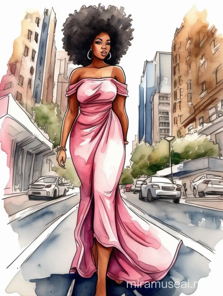 Create a watercolor cartoon image of a curvy black female walking thru the city streets wearing a pink off the shoulder maxi sundress. Prominent make up with brown eyes. Highly detailed tight curly black shiny afro