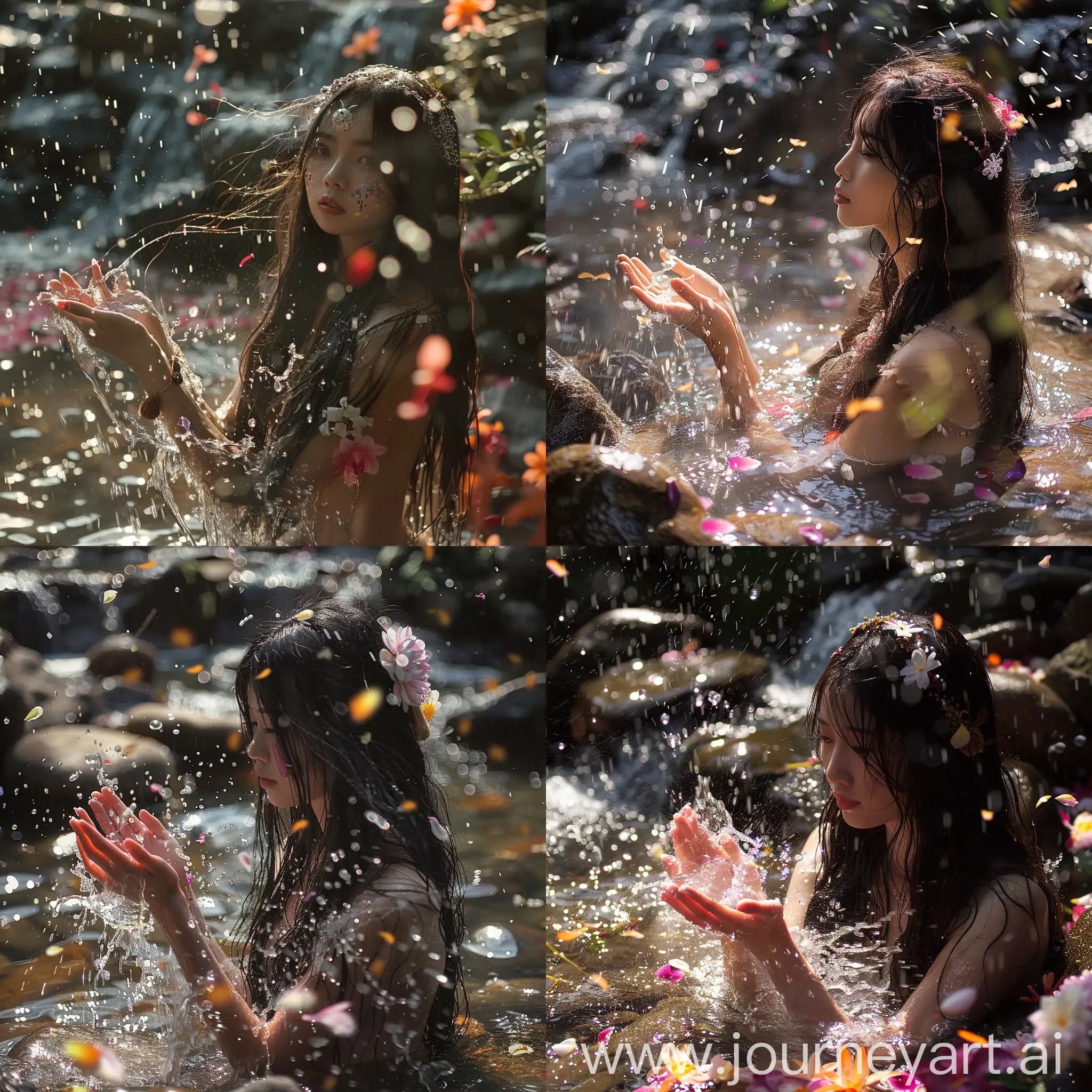Real photos, sun and rain, (or moonlight), a Taiwanese beauty with long flowing hair in Yexi Hot Spring, a secret place in Yexi, with decorations on her hands, rocks, rain, water splashing from the waterfall, surrounded by flowers, in full bloom, with petals floating in the air , the water is covered with petals, fireflies, bees, rainy weather, wet hair, wet body effect, backlighting, clear face, close-up, depth of field effect, high-speed shutter shooting.