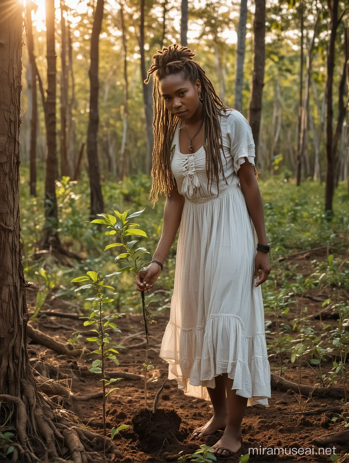 A woman from Papua, beautiful with white skin and dreadlocks wearing a simple dress, was planting trees in a beautiful forest at sunset