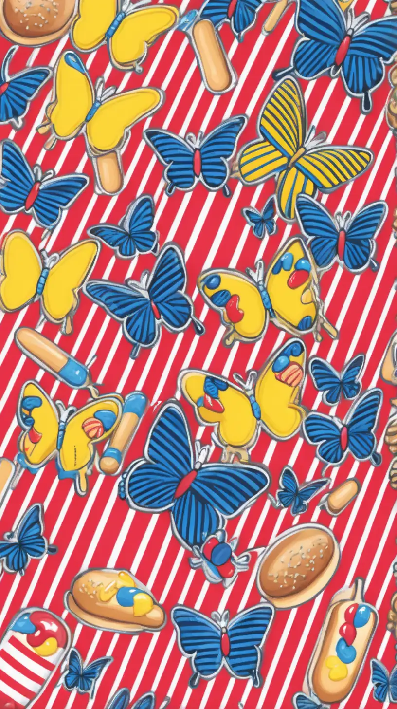 red, blue and yellow stripes, fine lines, butterflies, corndogs