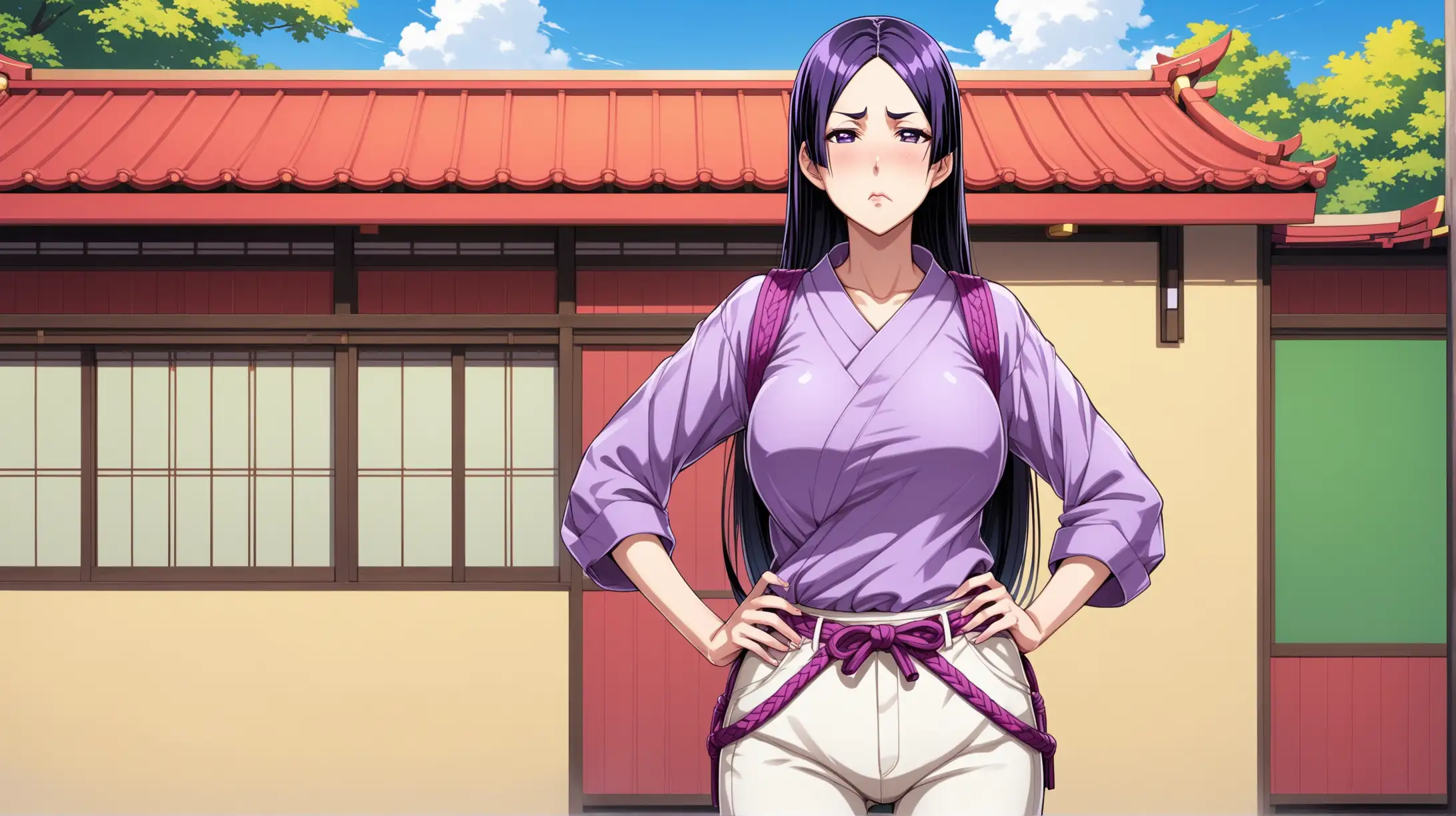 Draw the character Minamoto no Raikou, high quality, standing outside on a sunny day, with her hands on her hips, wearing casual clothes, making a pouty face at the viewer