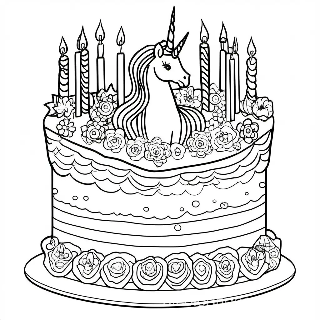 birthday cake with rainbow, flower, unicorn, and mermaid, Coloring Page, black and white, line art, white background, Simplicity, Ample White Space. The background of the coloring page is plain white to make it easy for young children to color within the lines. The outlines of all the subjects are easy to distinguish, making it simple for kids to color without too much difficulty