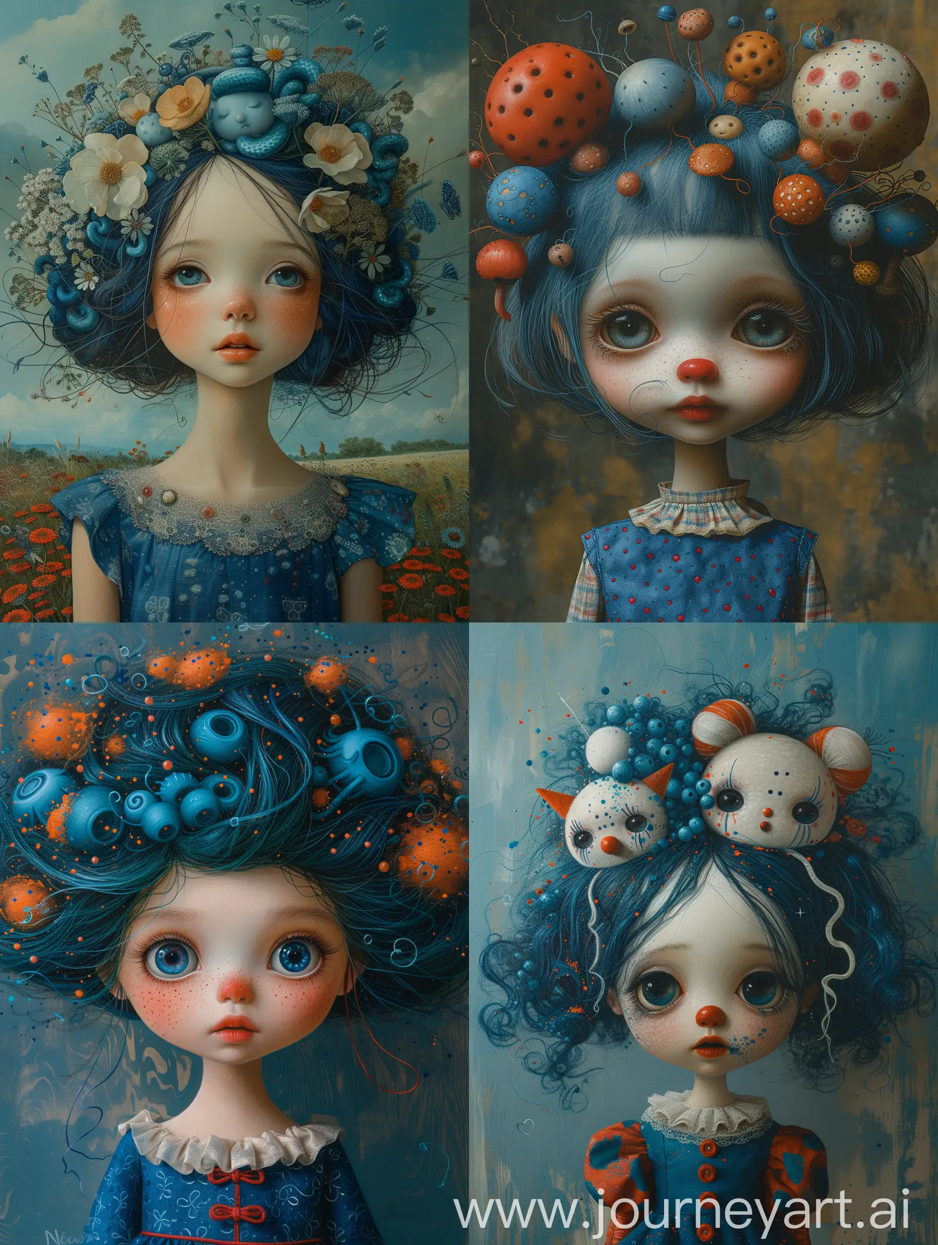 Wide-Angle Shot, a cute china clown doll with a head full of surreal blue things,  a blue dress, surreal background, matte, fine oil painting, contemporary, bright colours,  vermillion and blue, --stop 95 --stylize 650 