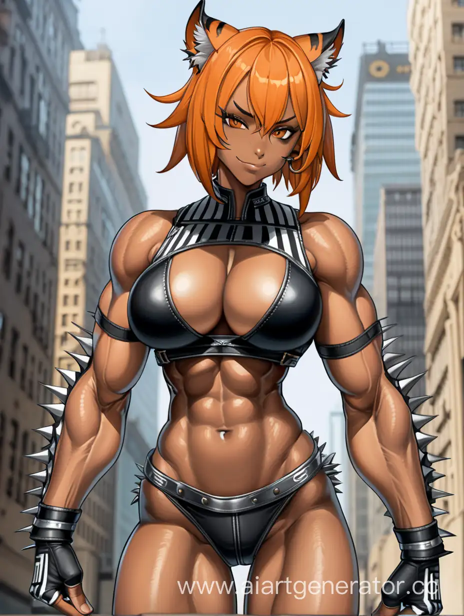 Above View, Full Body View, City Street, Walking Around,  1 Person, Women, Beastwomen, Tiger Ears, Orange Hair, Black Striped Hair, Short Hair, Spiky Hairstly, Dark Ebony Brown Skin, Black Body Suit, Black Body Armor,  Perfect Hands, Five Finger, Seriuos Smile, Brown Eyes, Sharp Eyes, Perfectly Symmetrical Body, Tall Body, Massive Breasts, Muscular Detailed Arms, Muscular Legs, Well-toned Body, Muscular Body, Well-toned Abs, Hard Abs, Detailed Abs, Tiger Body Stripes,  