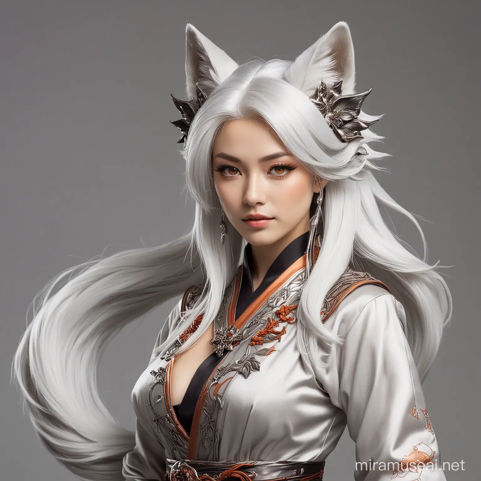 fox lady, wearing yutaka, nine tails, silver hair
