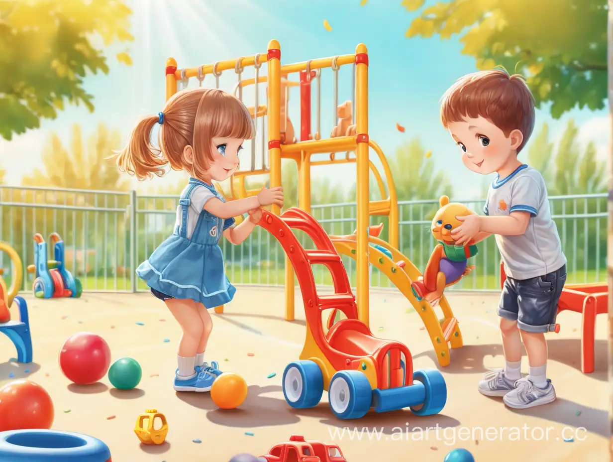 на площадке мальчик и девочка играю в игрушки в детском садике в солнечный день 