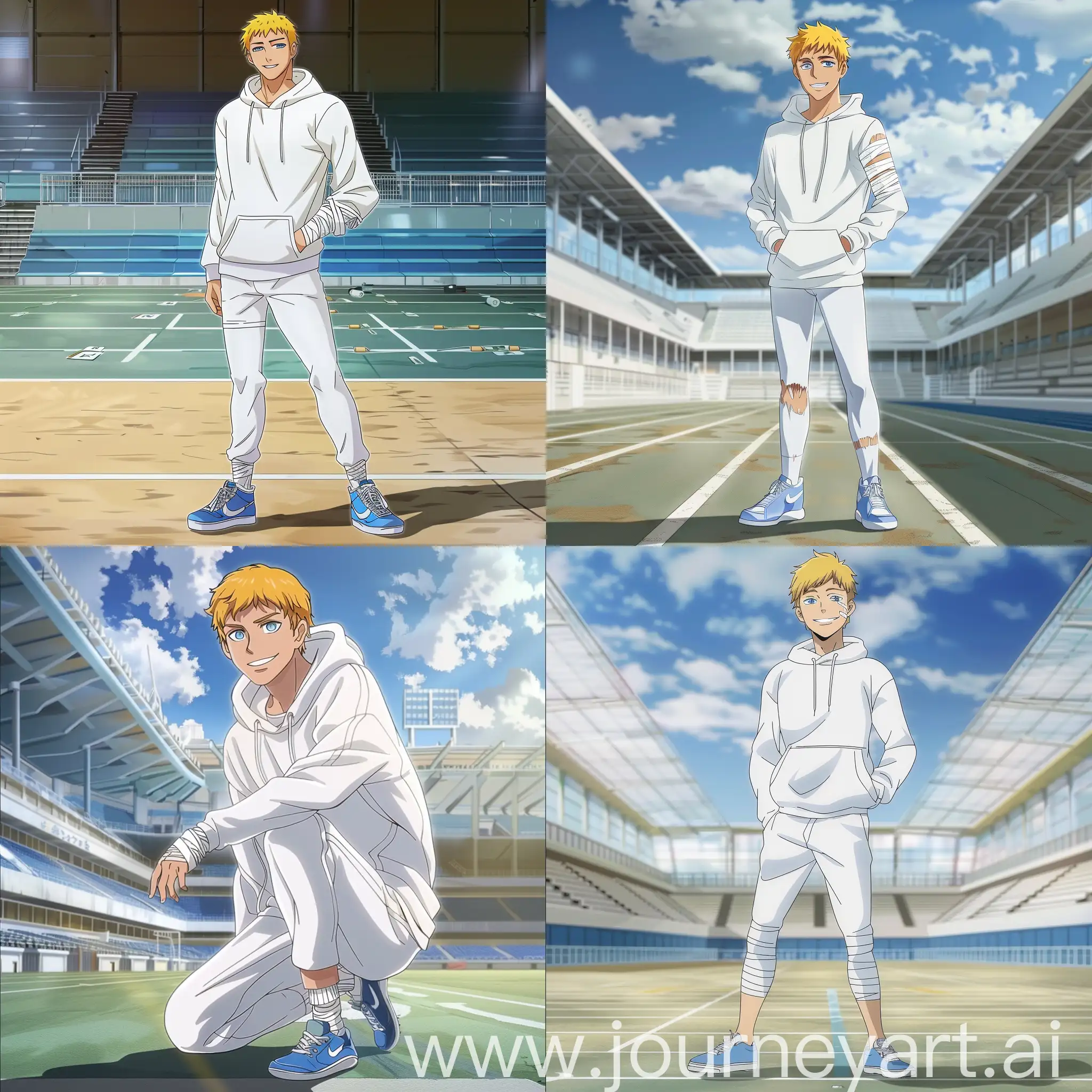 A man of mesomorphic physique short yellow hair light-blue eyes slight smile on his face dressed in white hoodie white bandages on the forearms white pants on his feet light-blue sneakers at the school stadium, anime style