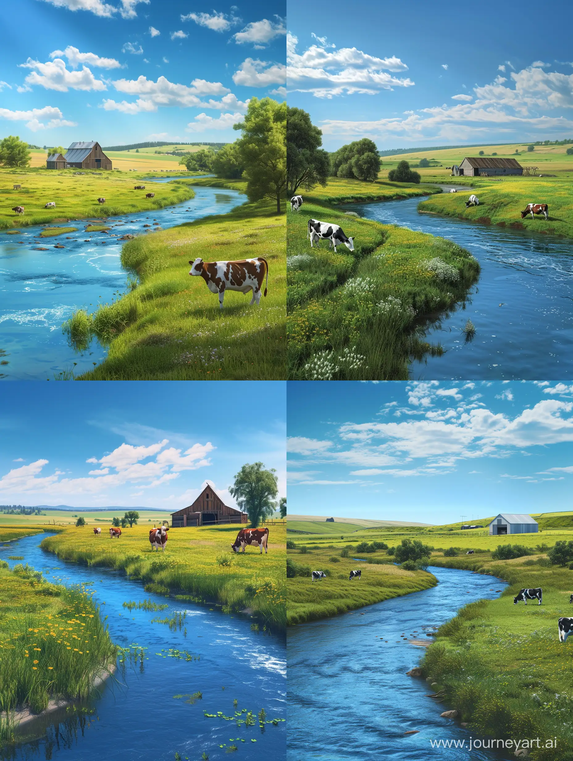 фотореалистичное изображение, Ферма, коровник в дали, коровы пасутся на лугу, река, голубое небо