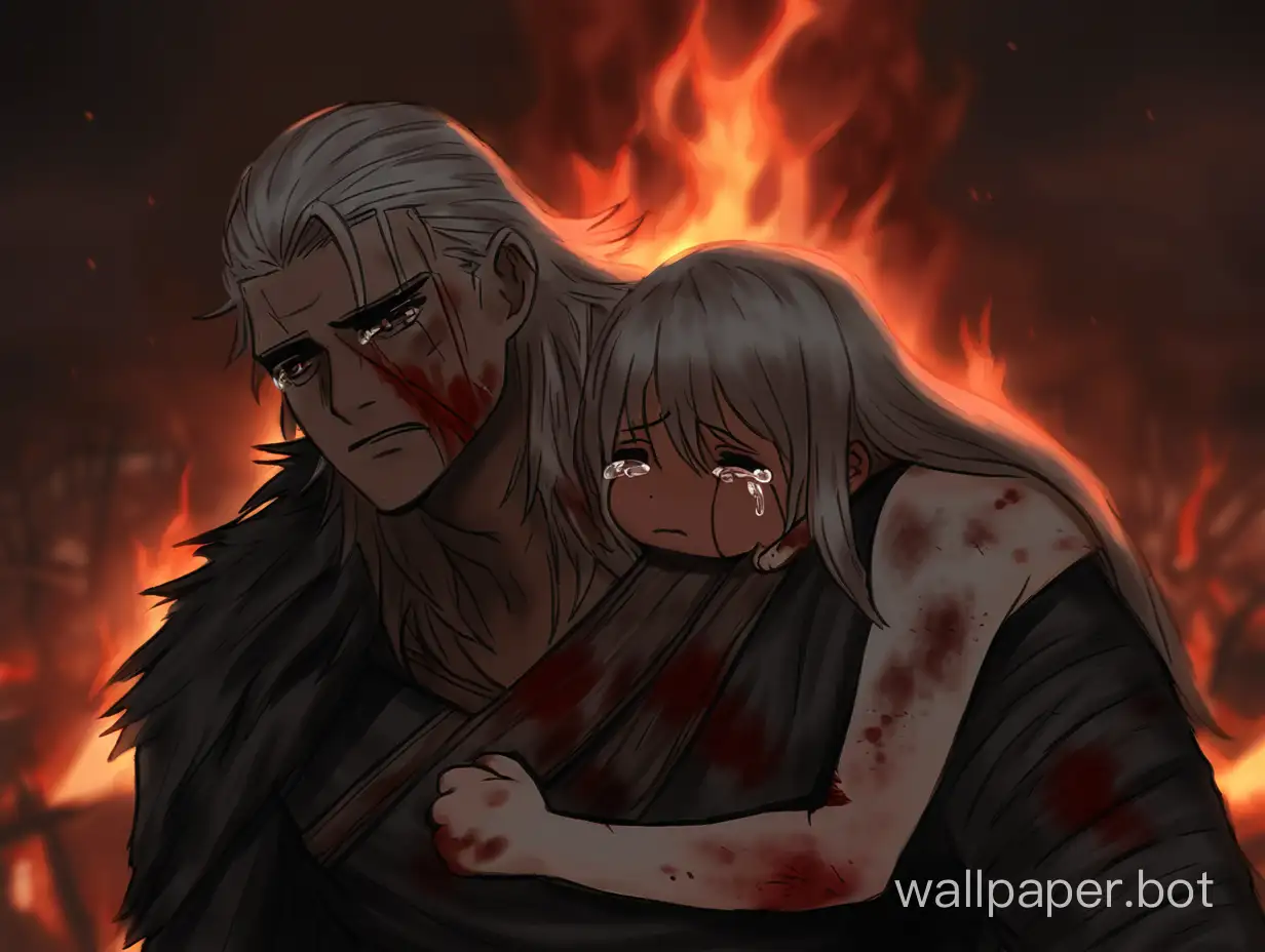 Geralt dies from wounds on his body, blood stains on his face, wounds on his face, tears streaming down his cheeks, wounds on Geralt's body, nearby his daughter cries in his embrace, a grim atmosphere surrounds everything, all is burning.
