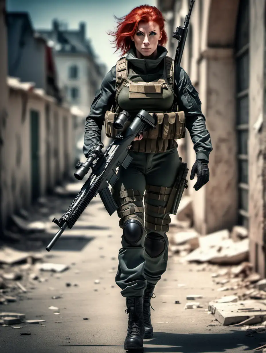 French woman, red hair, muscular, combat uniform, sniper rifle with scope, combat helmut, walking towards the camera, right leg forward, ultra realistic, ultra hdr, --raw