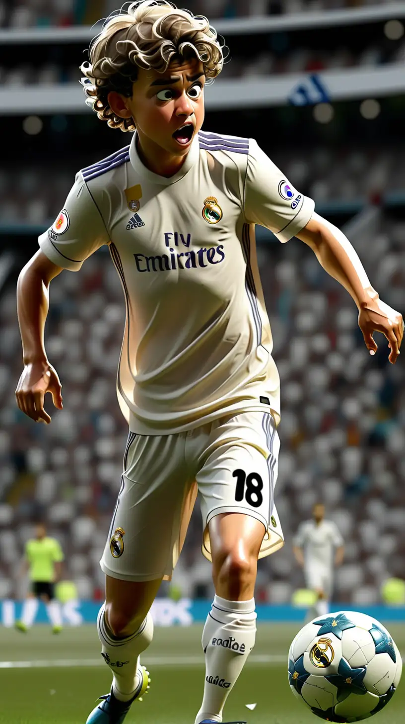 Drawing Jude Bellingham in real madrid shirt, are sweating, kicking the ball









