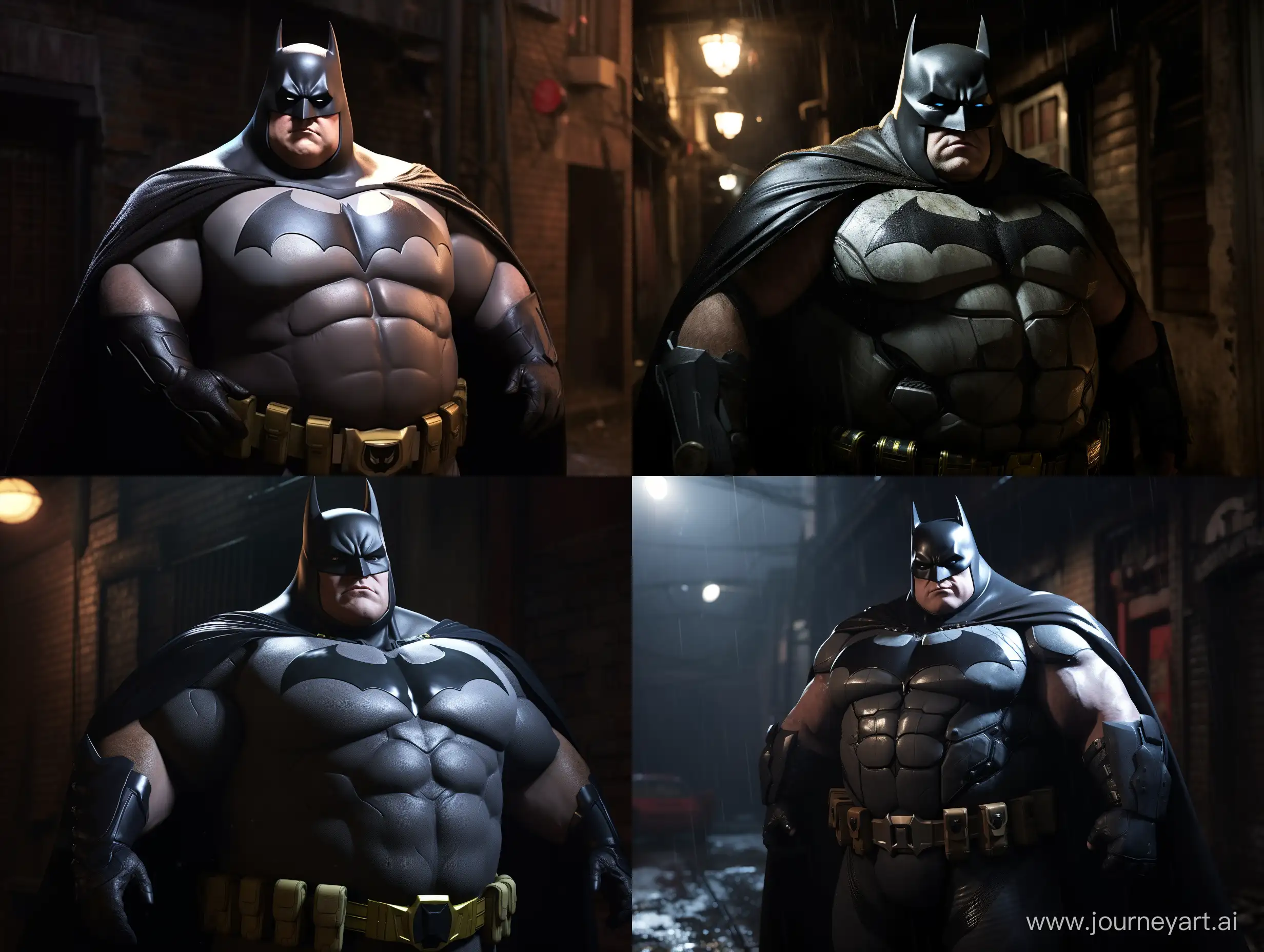 Batman, very fat, looking at the camera, half body, with a big belly, in the alley, realistic, cinematic lighting, --ar 4:3 --q 2