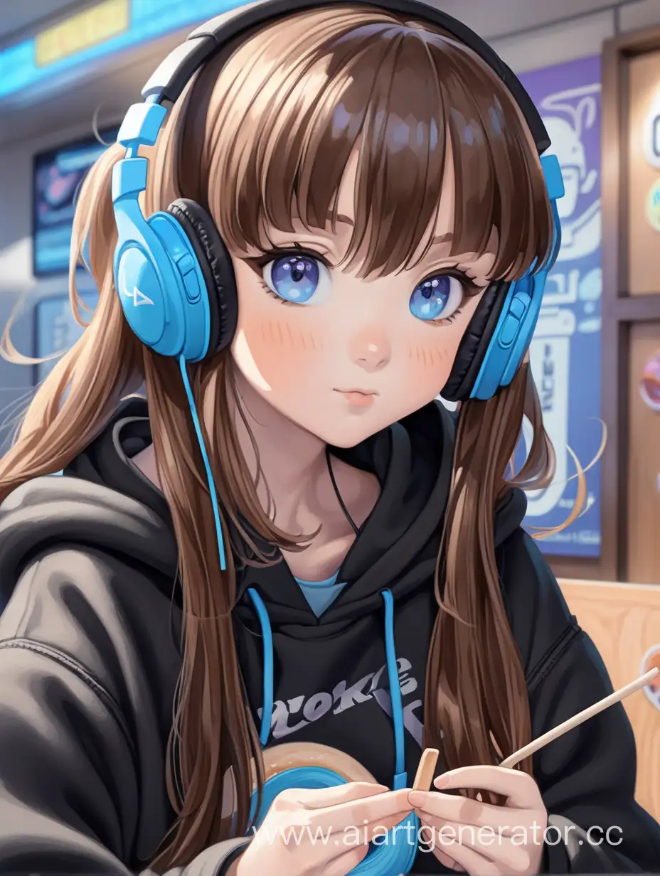 Аниме девушка с длинными коричневыми волосами, челкой, в компьютерных наушниках лавандового цвета, голубые глаза, в черном худи, ест палочки поке