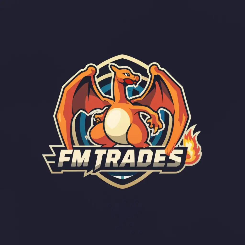 a logo design,with the text "FM Trades", main symbol:Pokemon logo with Charizard FM trades written in logo,Moderate,clear background