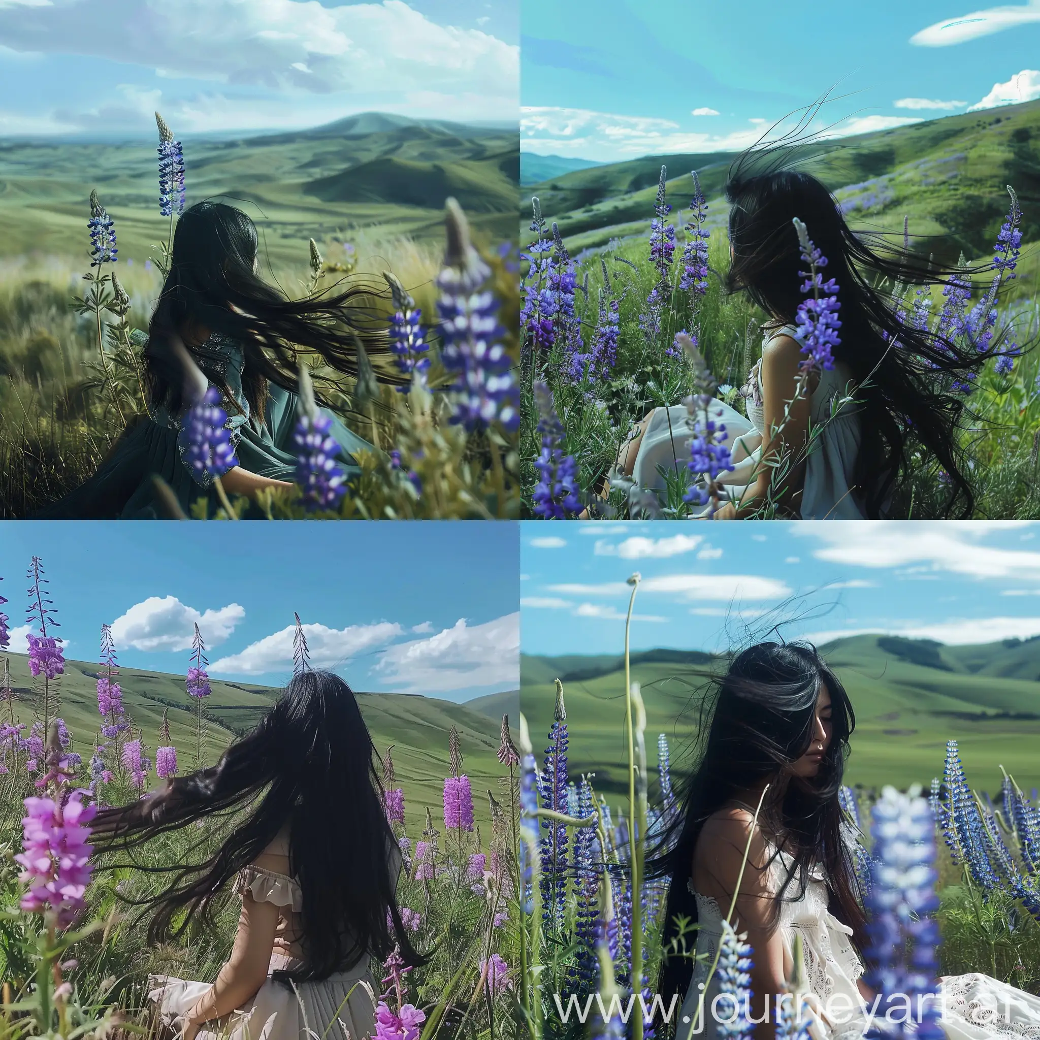 Aesthetic instagram post realistic, girl with long black hair blown by the wind sitting among tall purple flowers, green hills and blue sky in background