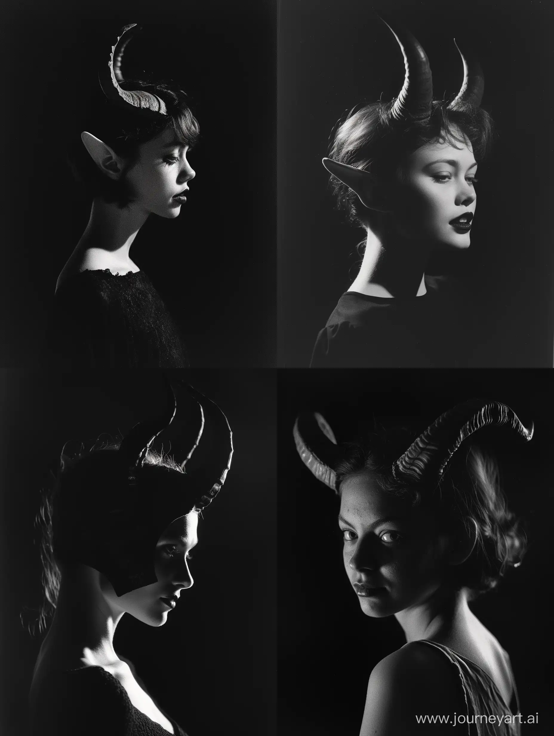 Ethereal-Lady-Demon-Grayscale-Portrait-with-Horns-on-Black-Background