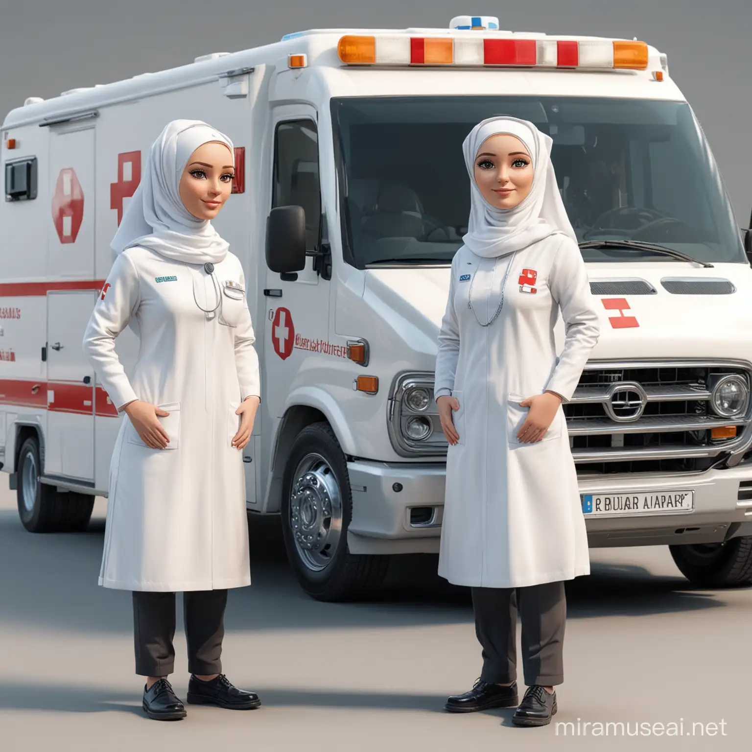 Foto karikatur 3d reakistic dua orang wanita kepala besar memakai hijab seragam bidan putih putih,berdiri di deket ambulance,latar belakang putih,HDR, 800mm lens,full body long shoot