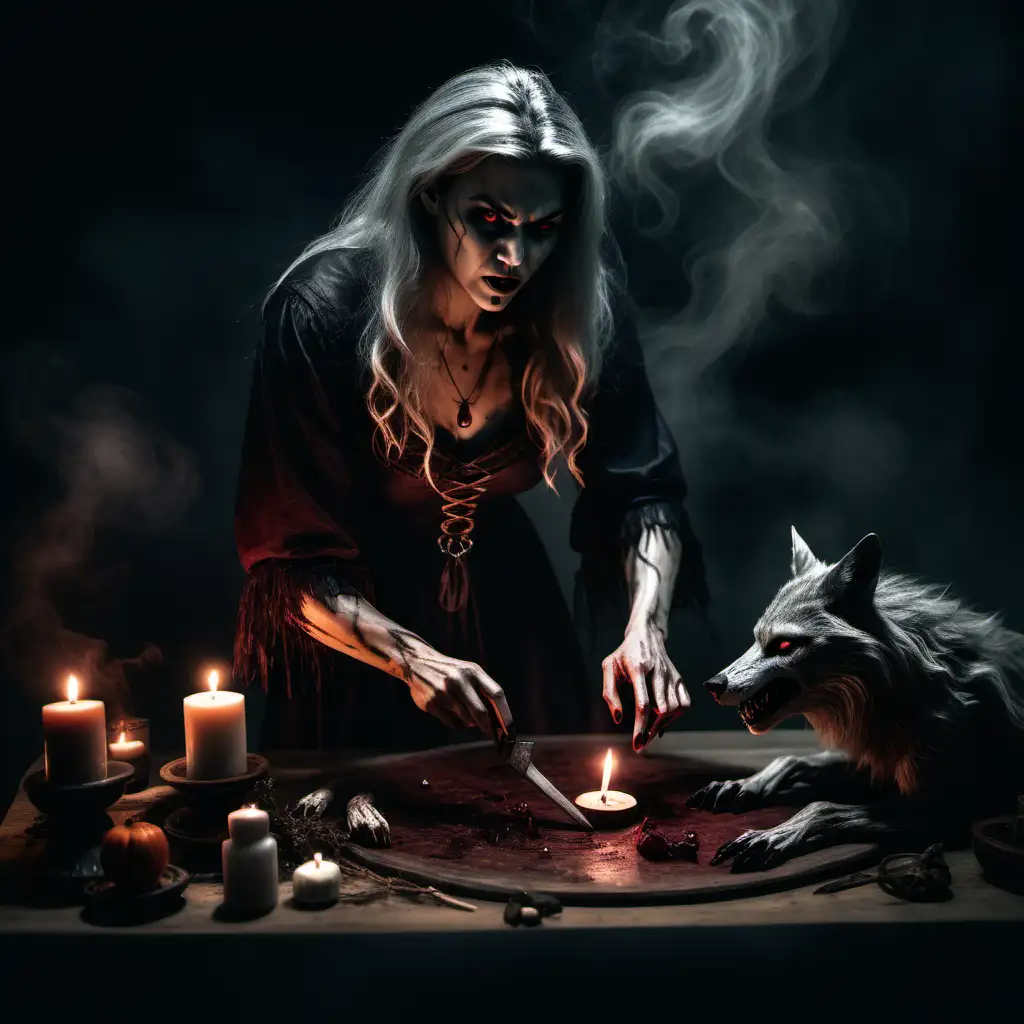 Mystical Female Werewolf Witch Conjuring a Potent Curse