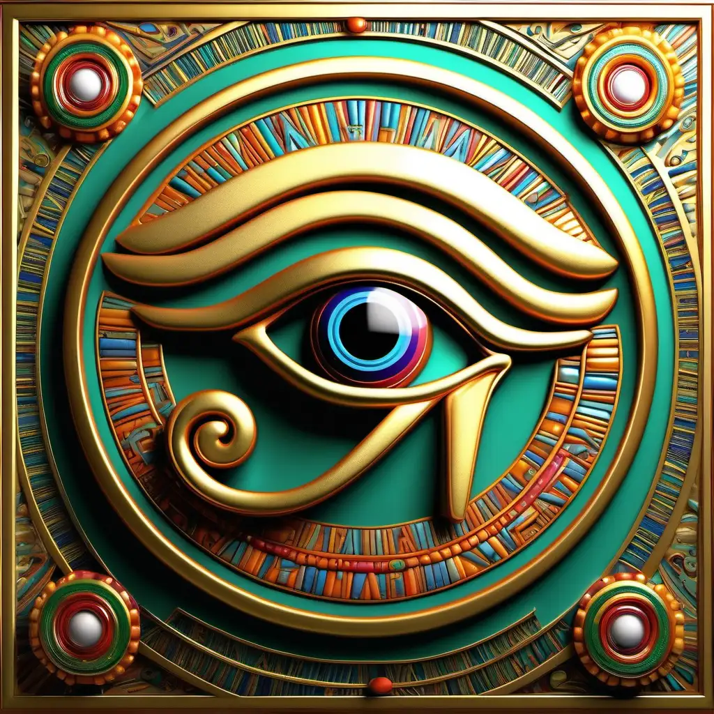 A stunning 3D render of the Eye of Horus, the ancient Egyptian symbol of royal power and protection. The eye is depicted with intricate detail, showing a vivid interplay of colors and textures. Surrounding the eye is a circular border, adorned with a lush golden frame. The white background accentuates the eye's vibrant colors and the overall artistic composition. The illustration has a poster-like quality, suggesting it could be a powerful visual element for a promotional piece or a piece of art., 3d render, illustration, poster


