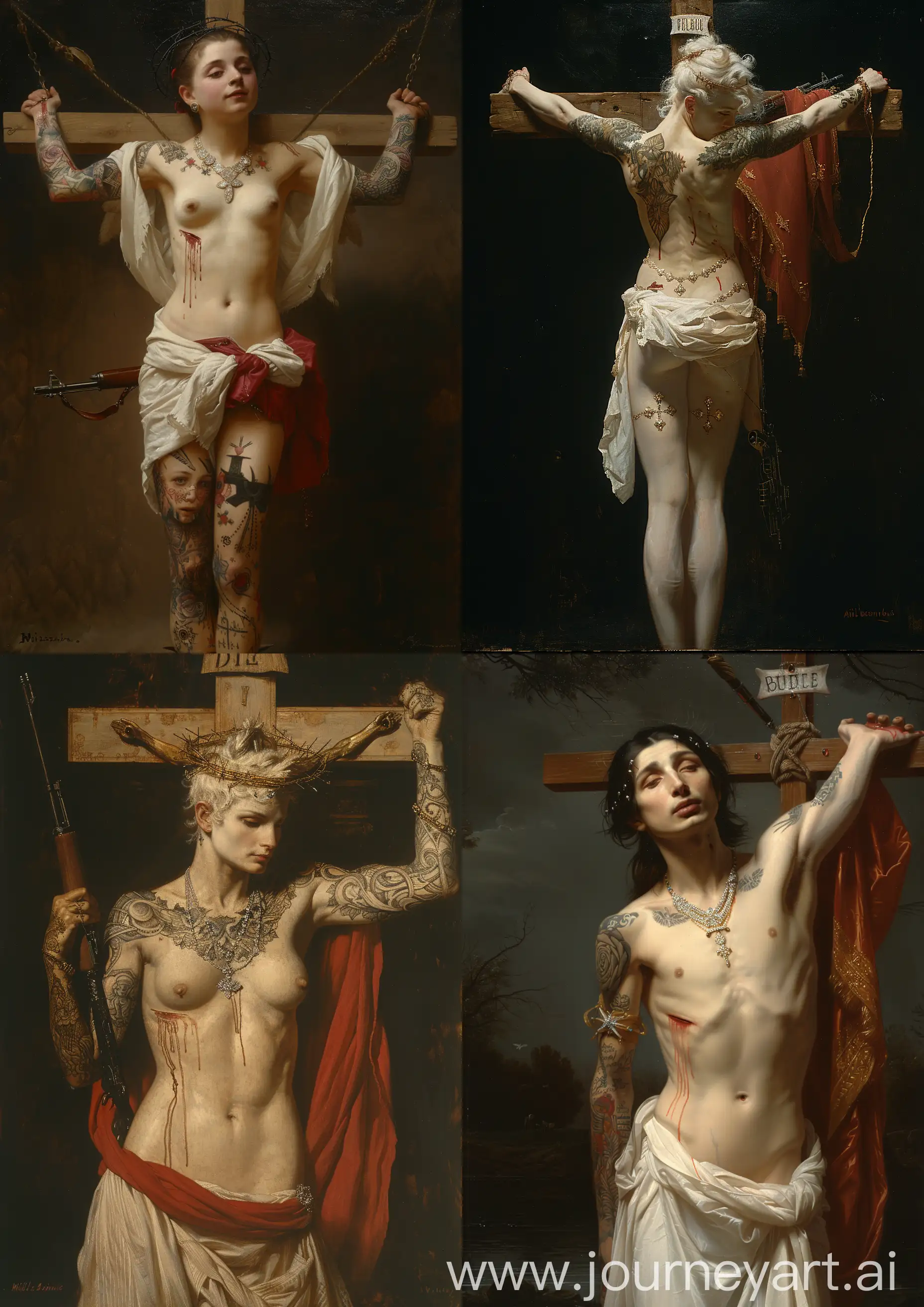 William-Adolphe Bouguereau painting of a tattooed female angel warrior crucified on a cross, wearing white clothes ornate in diamonds, red silk and robes, holding a kalashnikov, obscure tones, high detailed, full body —c 22 —s 750 —v 6.0 —ar 5:7