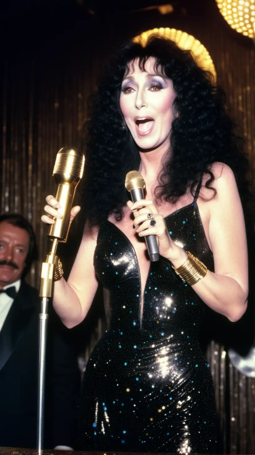 Cher is singing and laughing with a gold microphone, singing in a bar, and wearing a black glittering dress. She is a bar with glass in front of her. This is a colour old photo from the 1980's, V6.0, shot with a 35mm cinematic camera.