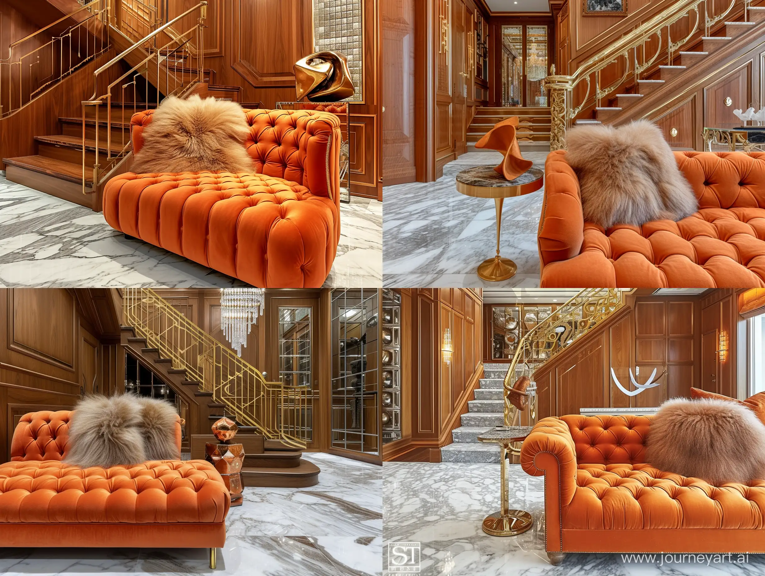 A plush, orange tufted couch adorned with a faux fur throw pillow, creating a cozy and inviting atmosphere.
An elegant marble floor that lends a touch of sophistication and luxury to the area.
Warm and texturized wood paneling on the walls.
An intriguing staircase with a unique design and a golden railing that adds opulence to the setting.
Wall paneling furnished with built-in mirrors, offering visual interest and creating the illusion of more space.
Modern decor pieces, such as the abstract sculpture placed on a side table, complement the overall aesthetic of the room.