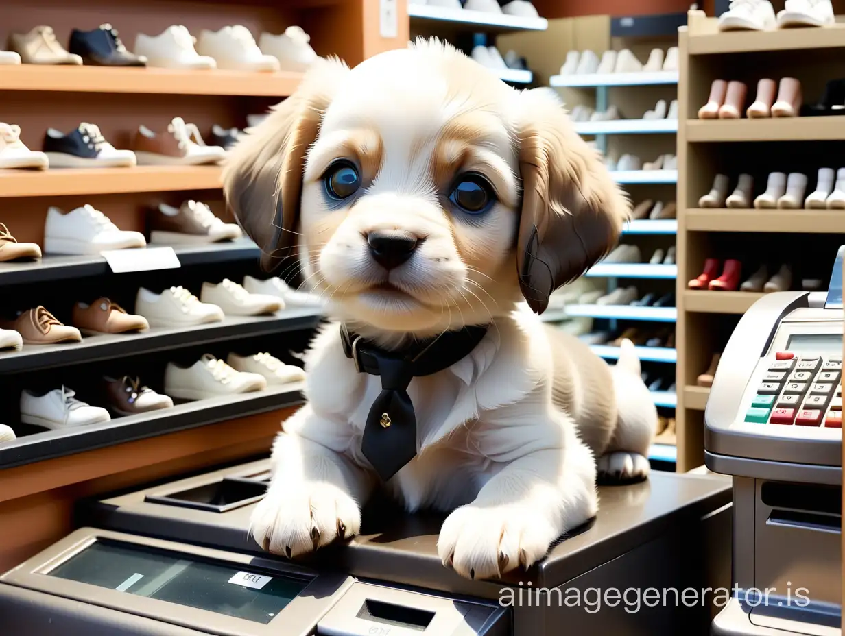 A little puppy sits behind the cash register in a shoe store