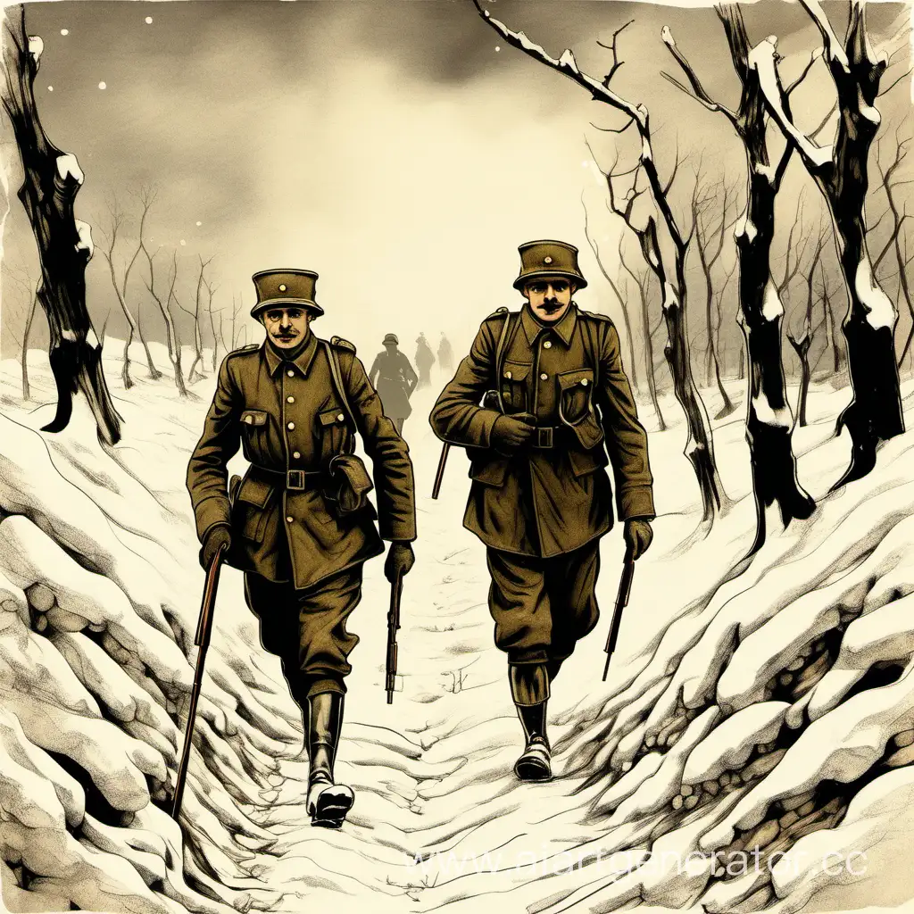 draw a picture: two soldiers from the time of World War 1 are walking through a trench in winter towards the viewer